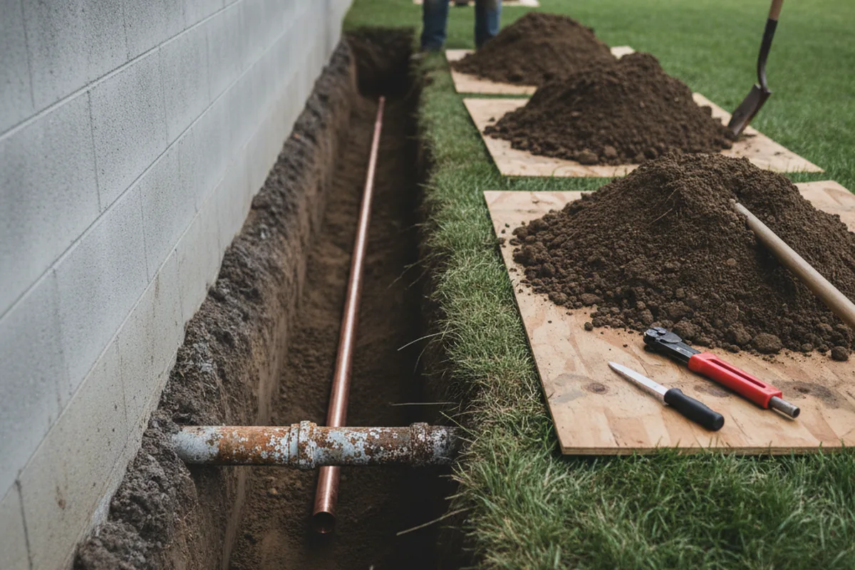 Excavated water line trench during Water Heater Repair in Baxter